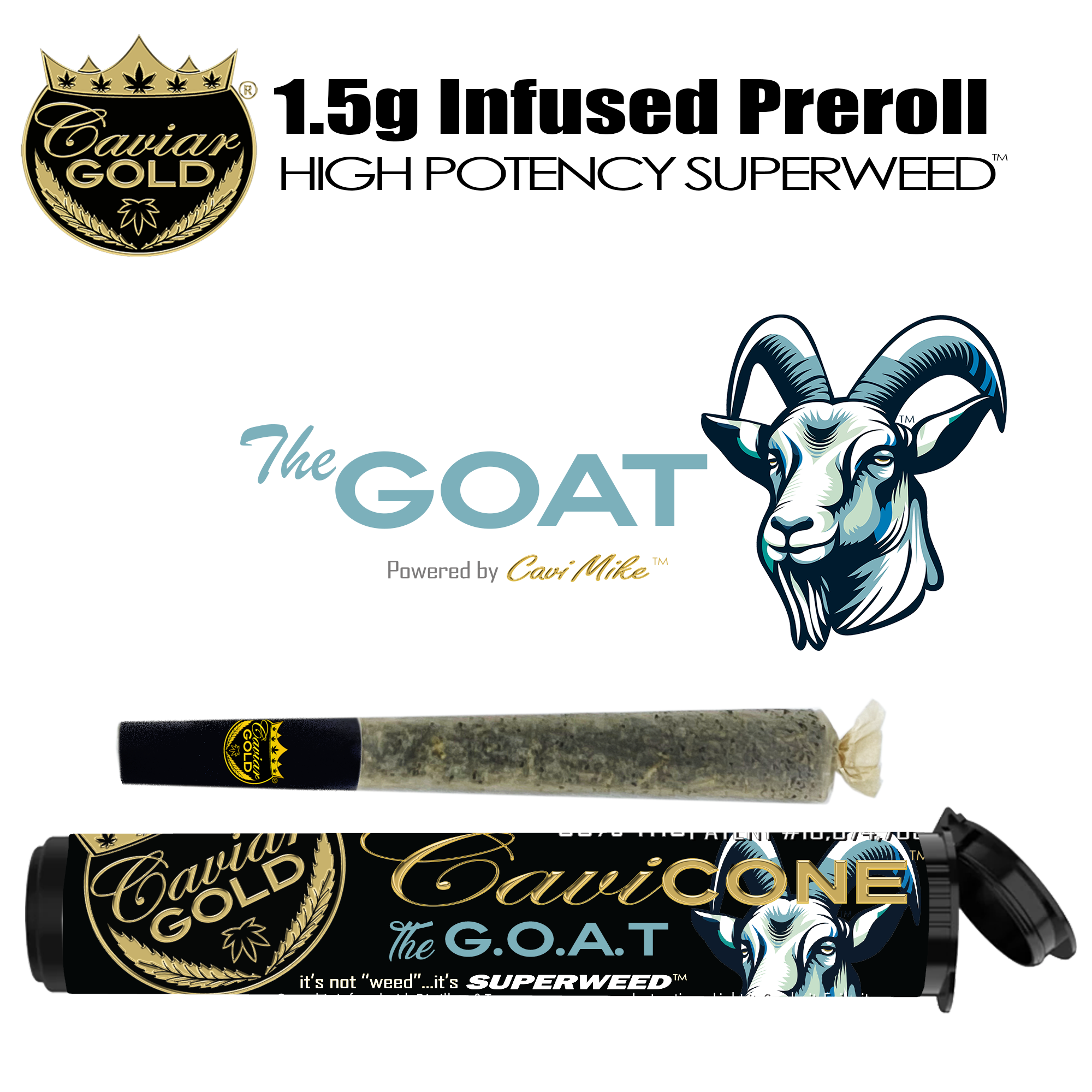 Photograph of product: Caviar Gold | Cavi Cone | The G.O.A.T. | 1.5g Infused Preroll