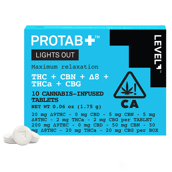 Photograph of product: Level - Protab - Lights Out - Tablet - 10ct - 20mg Delta-9TH-oui/5mg CBN/5mg Delta-8TH-oui/2mg TH-ouia/2mg CBG