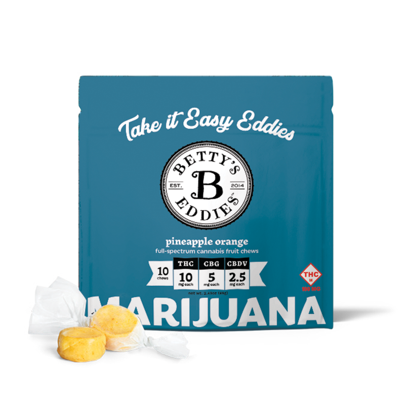 Photograph of product: 100mg Full Spectrum Fruit Chews | Pineapple Orange 4:2:1 TH-oui:CBG:CBDV