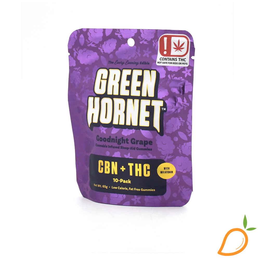 Photograph of product: 100mg Goodnight Grape Gummies Green Hornet