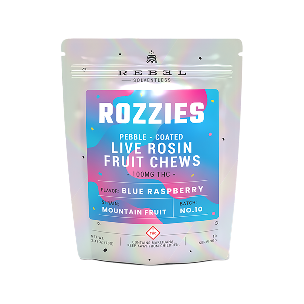 Photograph of product: Rozzies- Blue Razzie-Pebble Coated Rosin Infused Gummies-Oui'd-100mg