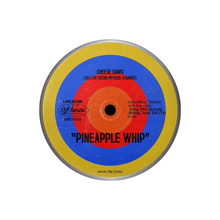 Photograph of product: Off Hours Cheese Dawg "Pineapple Whip" 10 Live Rosin Infused Gummies