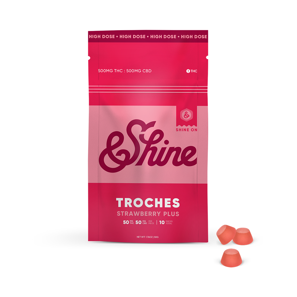 Photograph of product: Strawberry PLUS | 1:1 TH-oui:CBD 100mg Troches | 10pk