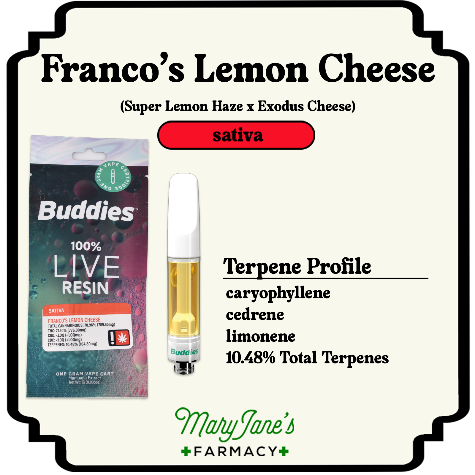 Photograph of product: Franco's Lemon Cheese Live Resin Liquid Diamonds Cartridge | 1g