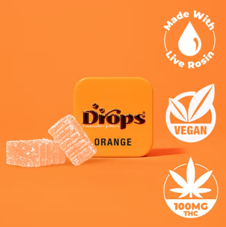 Photograph of product: Drops Single Orange Enhanced TH-oui 100mg Live Rosin Oui'd 10PK Infused Jellies