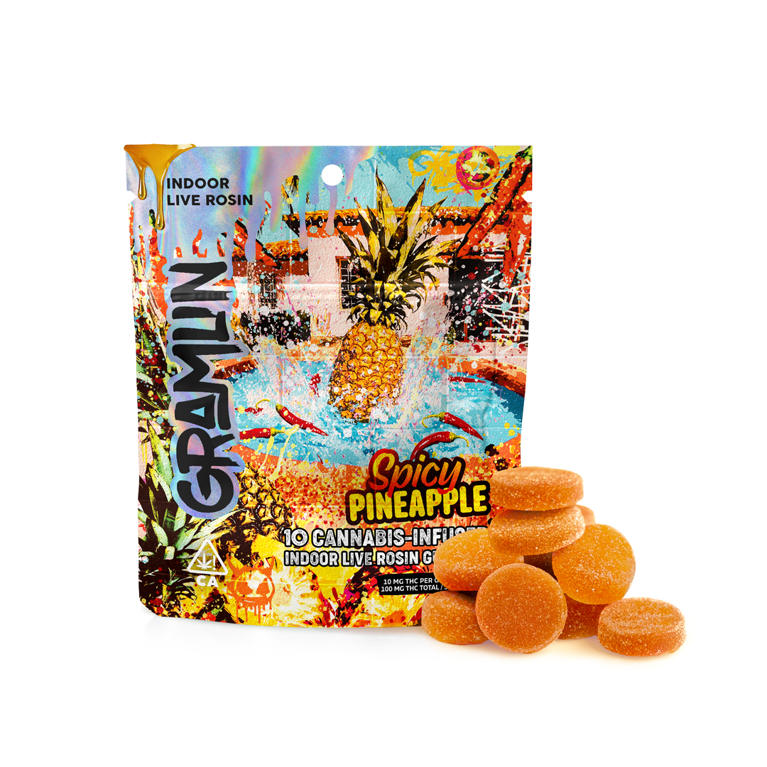 Photograph of product: GRAMLIN INDOOR LIVE ROSIN GUMMIES EDIBLE - SPICY PINEAPPLE Oui'd 100MG (10CT)