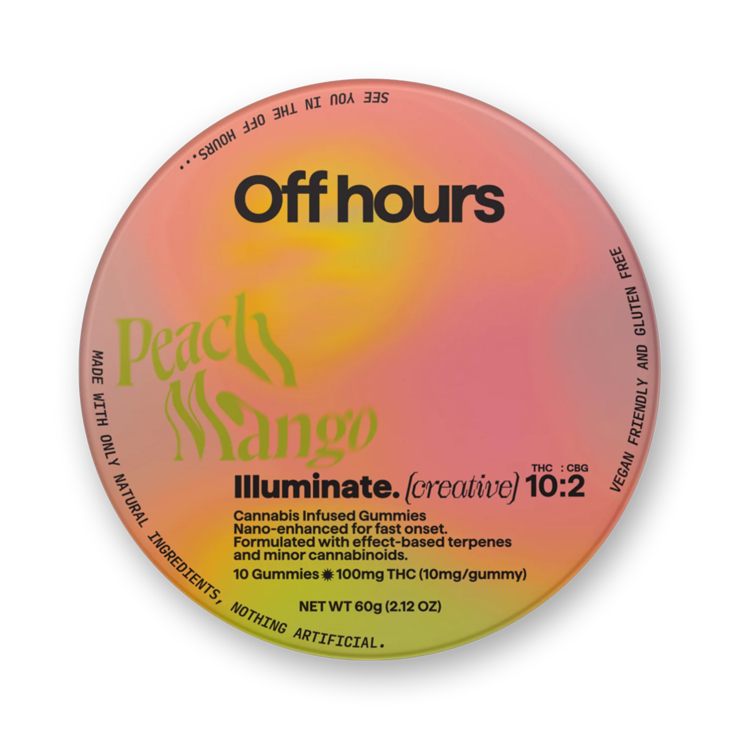 Photograph of product: Off Hours Illuminate Peach Mango 10pk 10mg Gummies