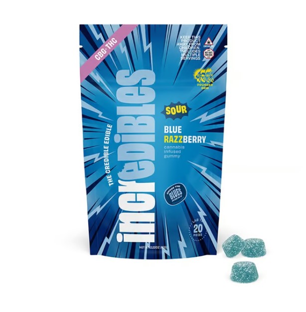 Photograph of product: Incredibles | Sour Blue Razzberry 1:1 | 10mgTH-oui:10mgCBG x 10ct Gummies