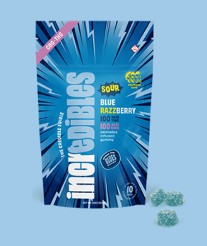 Photograph of product: Incredibles - Sour Blue Razzberry 1:1 TH-oui:CBG 100mg 10pk Gummies