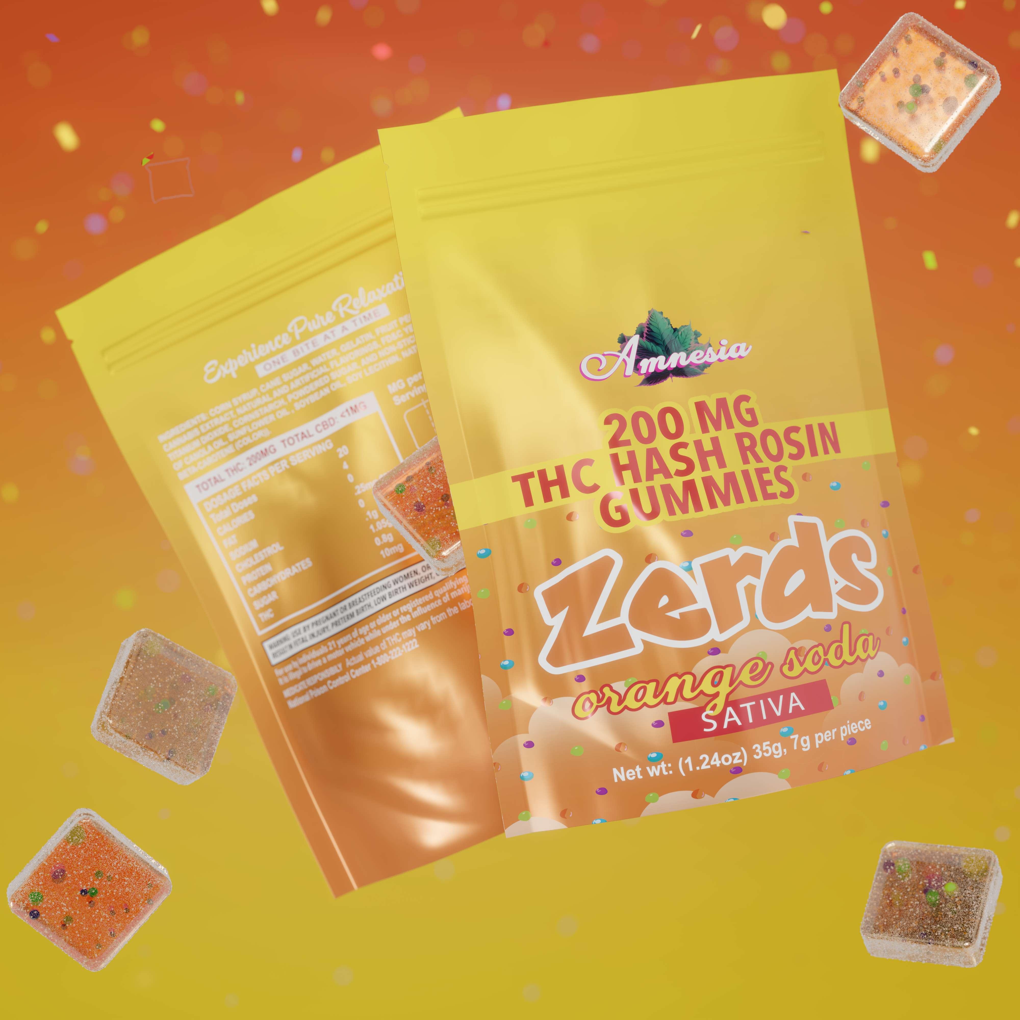 Photograph of product: Amnesia - 200mg Zerds au chocolat Rosin Gummies - Orange Soda