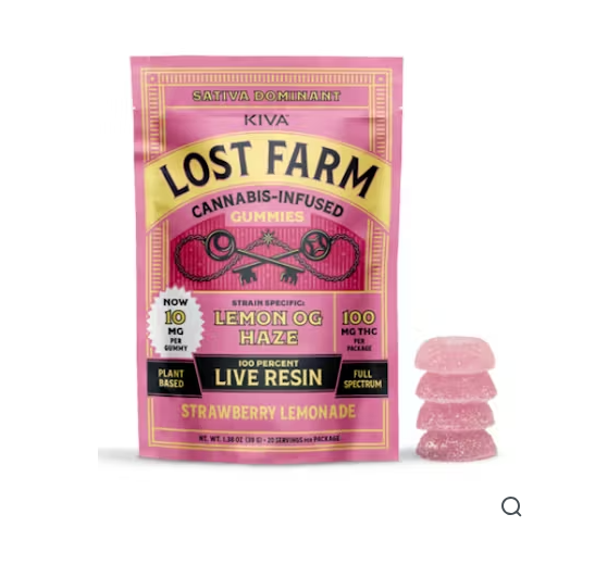 Photograph of product: Live Resin Gummies | Strawberry Lemonade x Lemon OG Haze | 100mg | 10 pk | Lost Farm