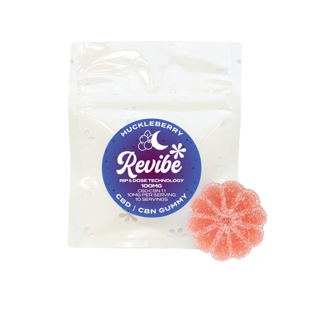 Photograph of product: Revibe - Rip & Dose Single Huckleberry 1:1 CBD:CBN Gummy - 100mg