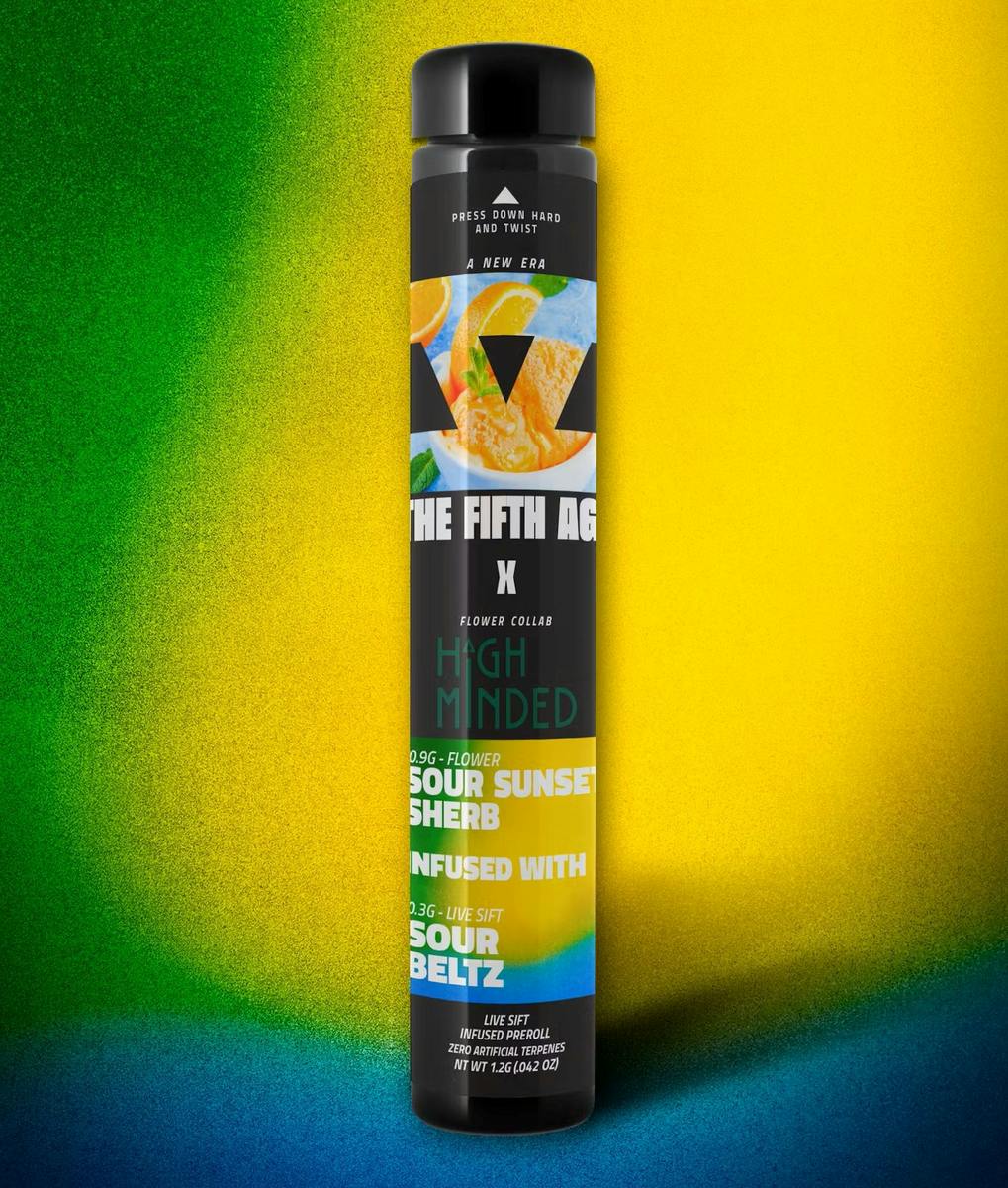 Photograph of product: THE FIFTH AGE | SUNSET SHERB X SOUR BELTZ | LIVE ROSIN INFUSED PREROLL | 1.2G