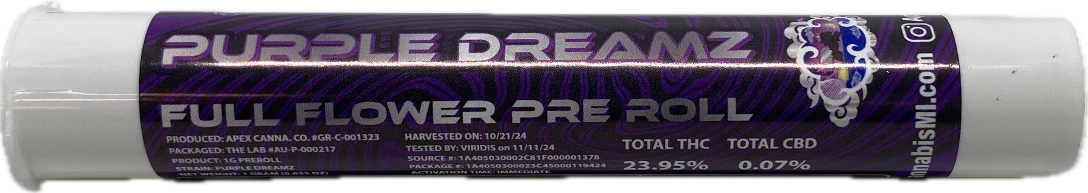 Photograph of product: Apex - Purple Dreamz  - 1g Preroll