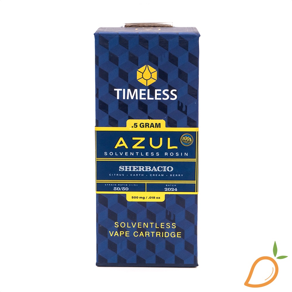 Photograph of product: 0.5g Sherbacio Live Rosin Vape Timeless Azul