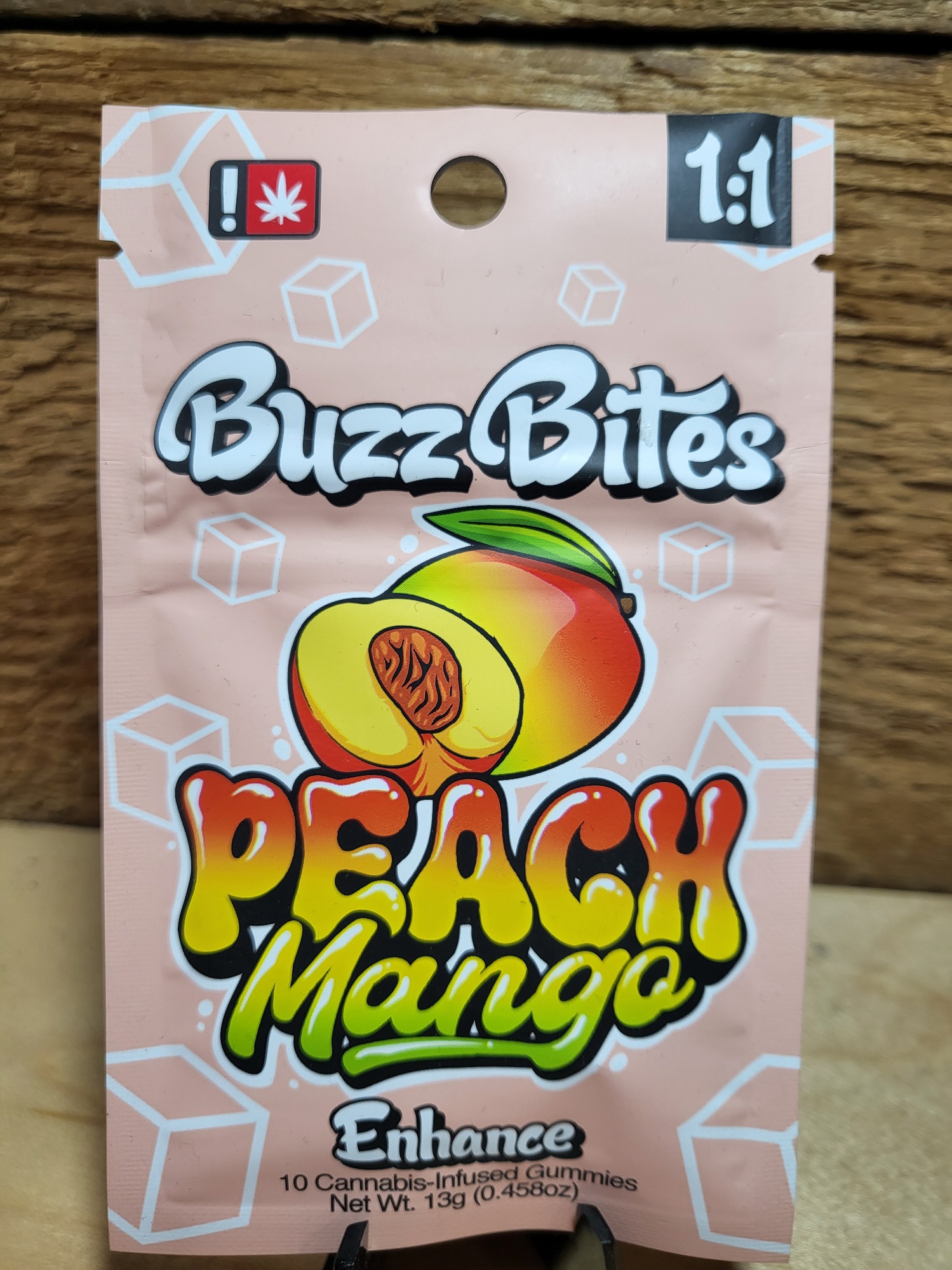 Photograph of product: Buzz Bites | Peach Mango 1:1 TH-oui:CBD Enhance (Oui'd) Gummies | 10 pk