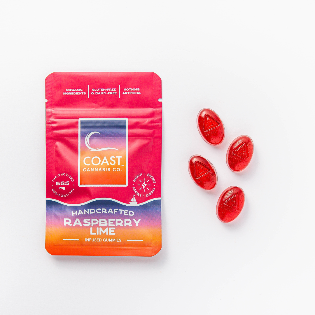 Photograph of product: ENERGY | 4pk Raspberry Lime Gummies | 5mg TH-ouiV:5mg CBD: 5mg TH-oui 20mg