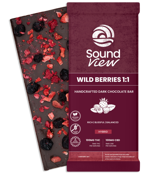 Photograph of product: SoundView Wild Berries 1:1 CBD Dark Chocolate Bar T99.8 C98.2 (H) 00114