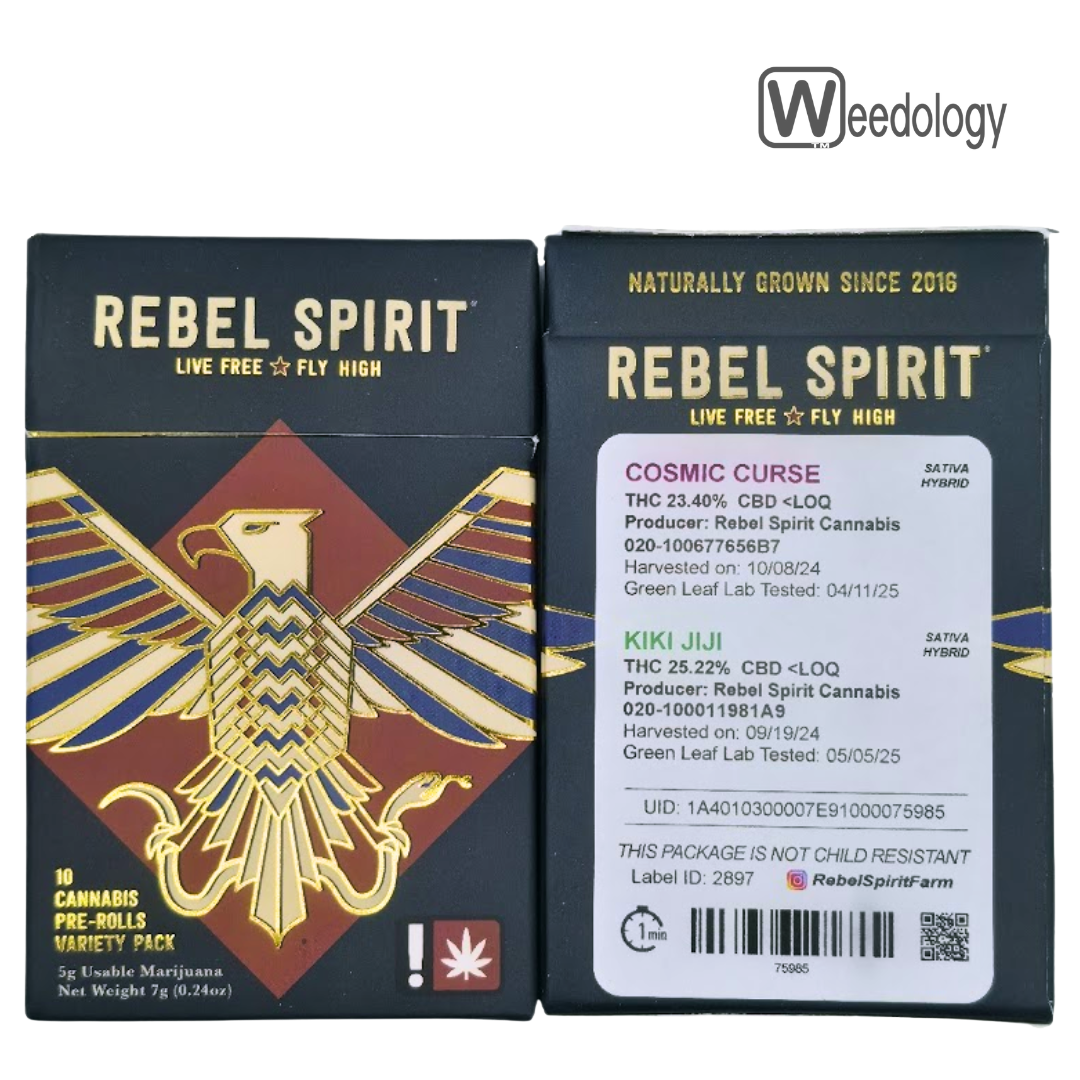 Photograph of product: Rebel Spirit 10pk COSMIC CURSE(S-H)/KIKI JIJI(S-H) 0.5g Pre-Rolls