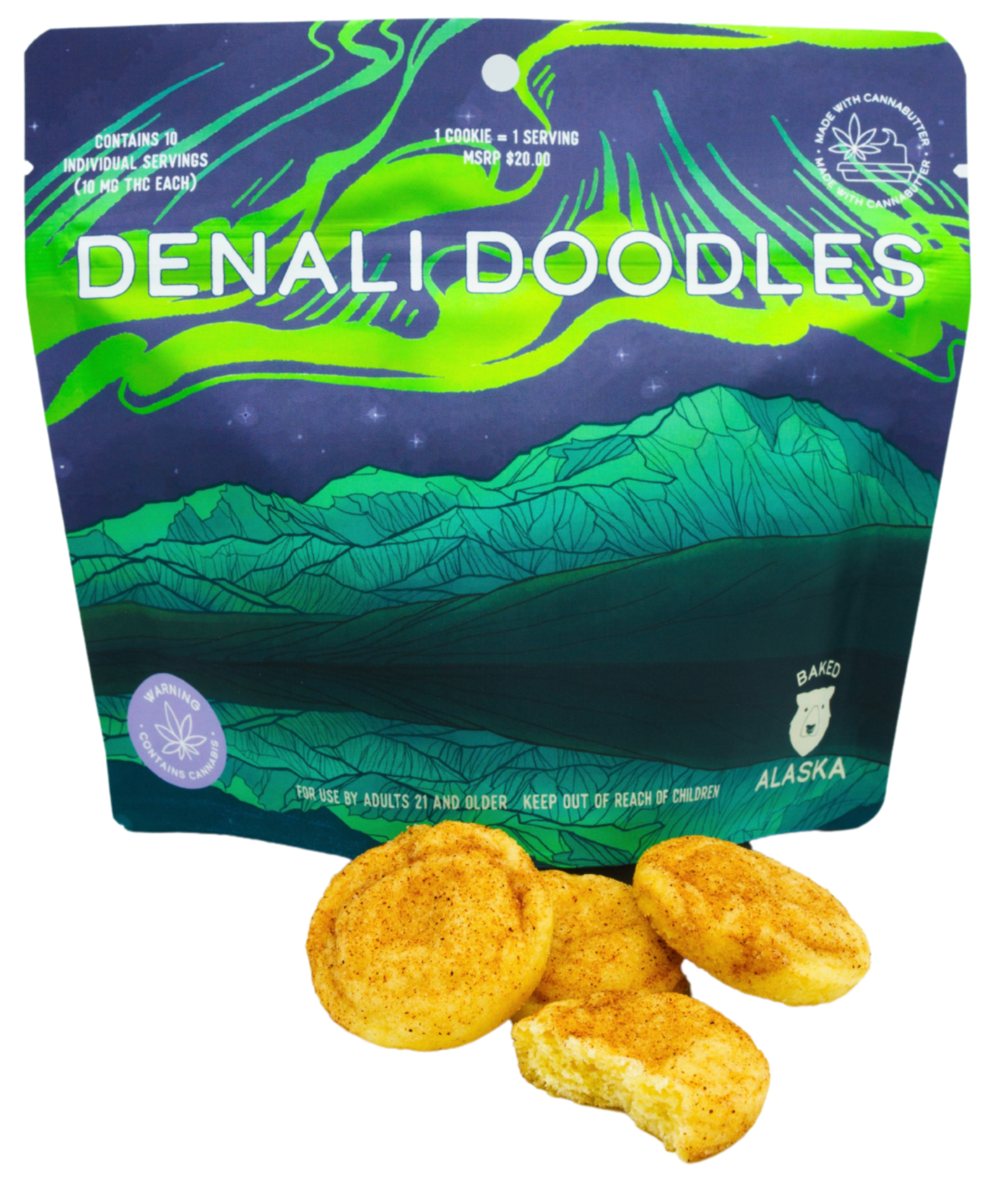 Photograph of Product: Denali Doodles Cookies (100mg) Indica 10pk by Baked Alaska *4th of July* *Final Price*