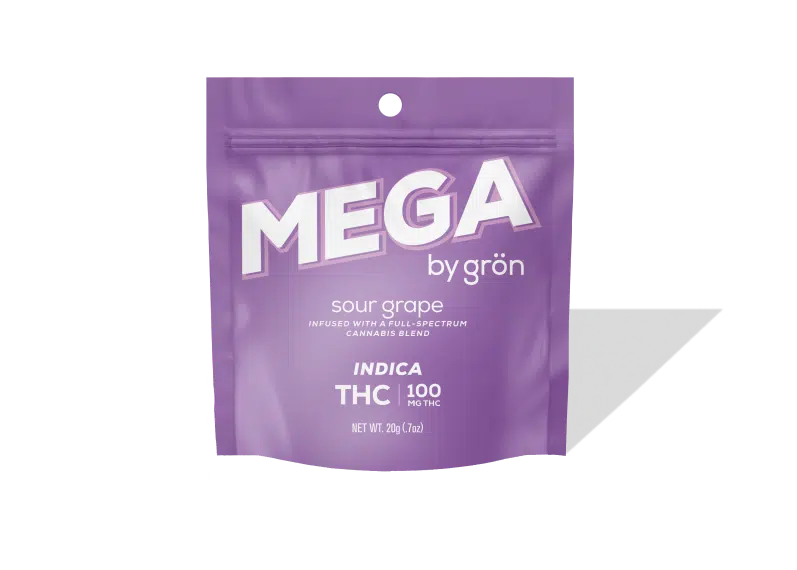 Photograph of product: Grn - Mega Sour Grape Gummies 100mg