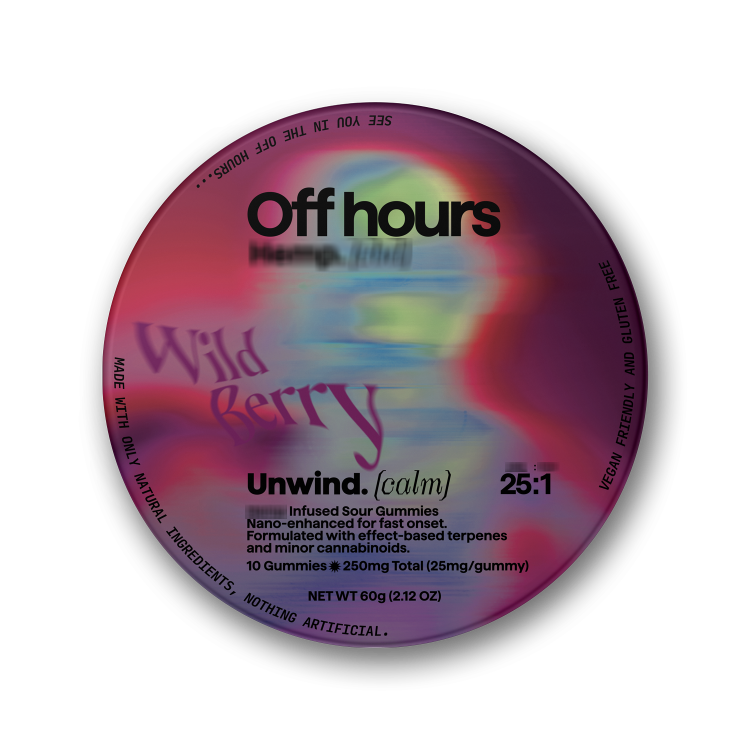 Photograph of product: Off Hours | Wild Berry "Unwind" (calm) Gummy | 25:1 CBD TH-oui (hemp derived) 250MG