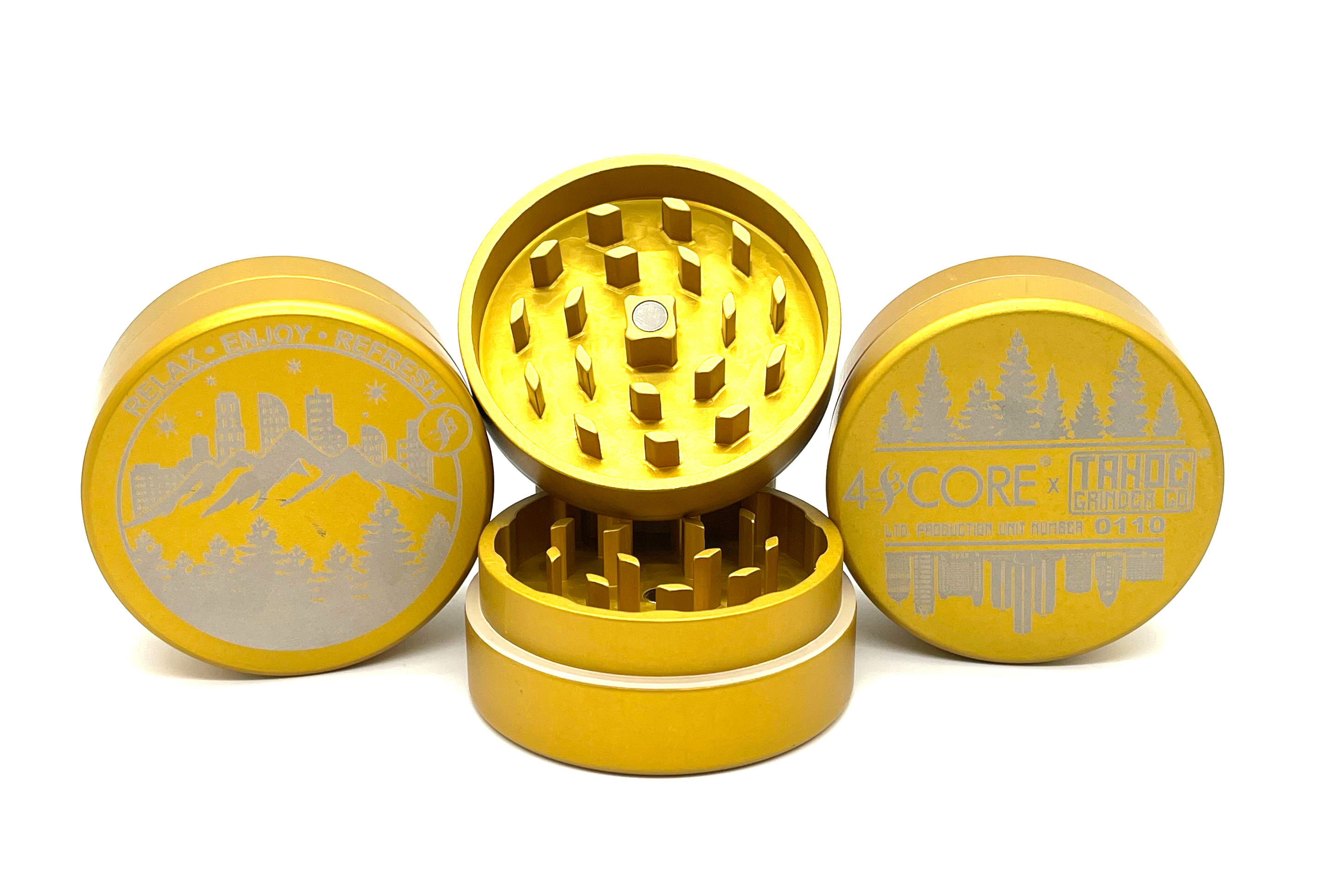 Photograph of product: 4Score X Tahoe Grinder CO. Mountain Top Grinder - Gold