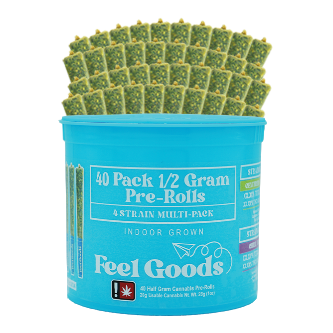 Photograph of product: Feel Goods > Pre Roll 40Pk x 0.5g > (I) Lemon Cherry Gelato / (S) Diesel Destiny / (I) Donkey Butter / (I) Kosher Kush