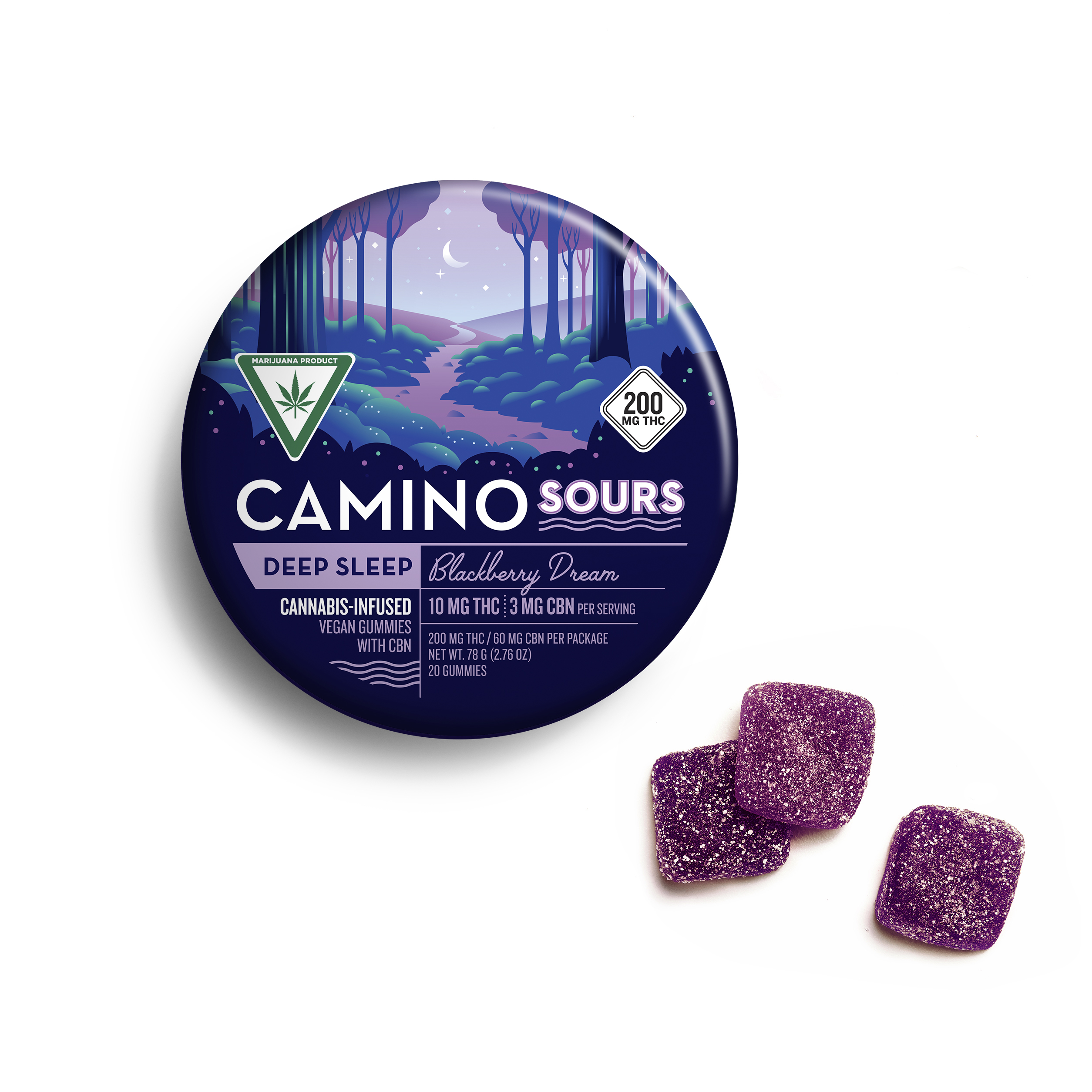 Photograph of Product: Camino Sours 'Deep Sleep' Blackberry Dream CBN High Dose Gummies [20pk] (200mg THC : 30mg CBN)