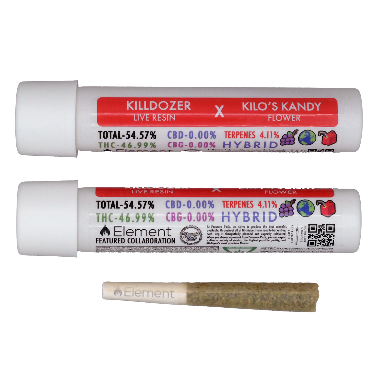 Photograph of product: Kilo's Kandy x Killdozer Live Resin Infused Pre-Roll | Element feat. Pressure Pack | 1g (3/$40)