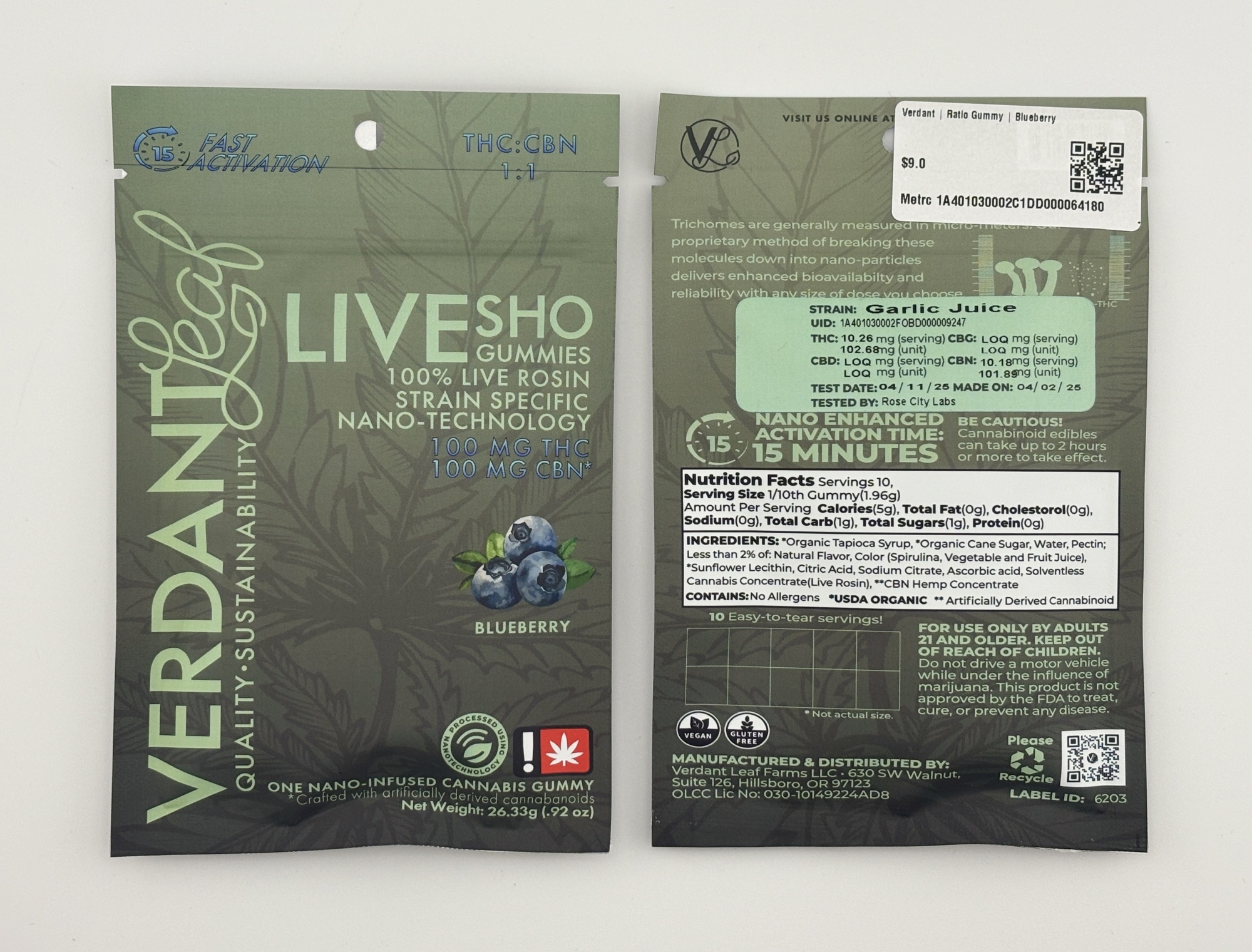Photograph of product: Verdant Leaf | Gummy | Blueberry | 1:1 TH-oui:CBN