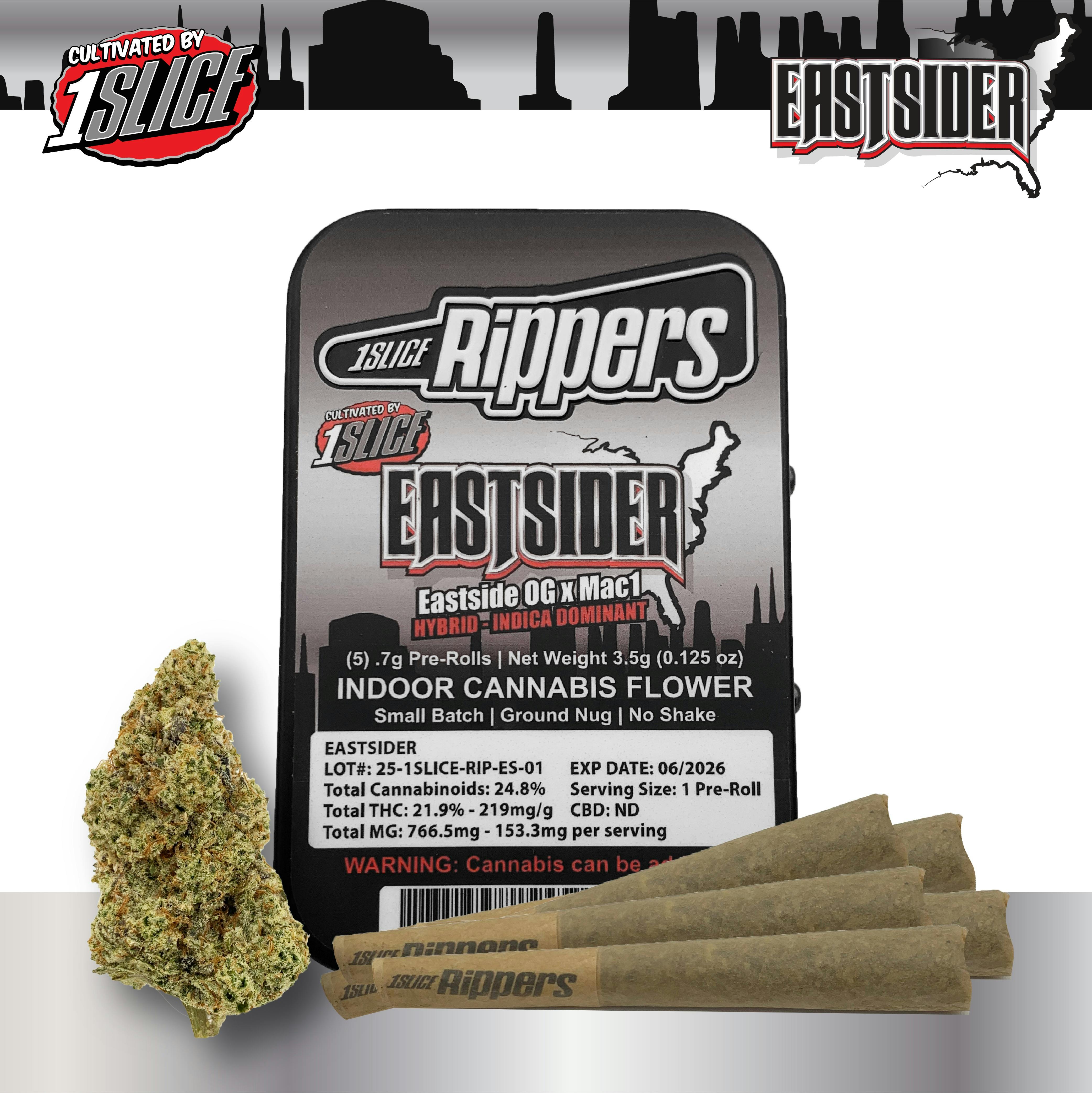 Photograph of product: 1SLICE Rippers Eastsider Prerolls 0.7g 5pk