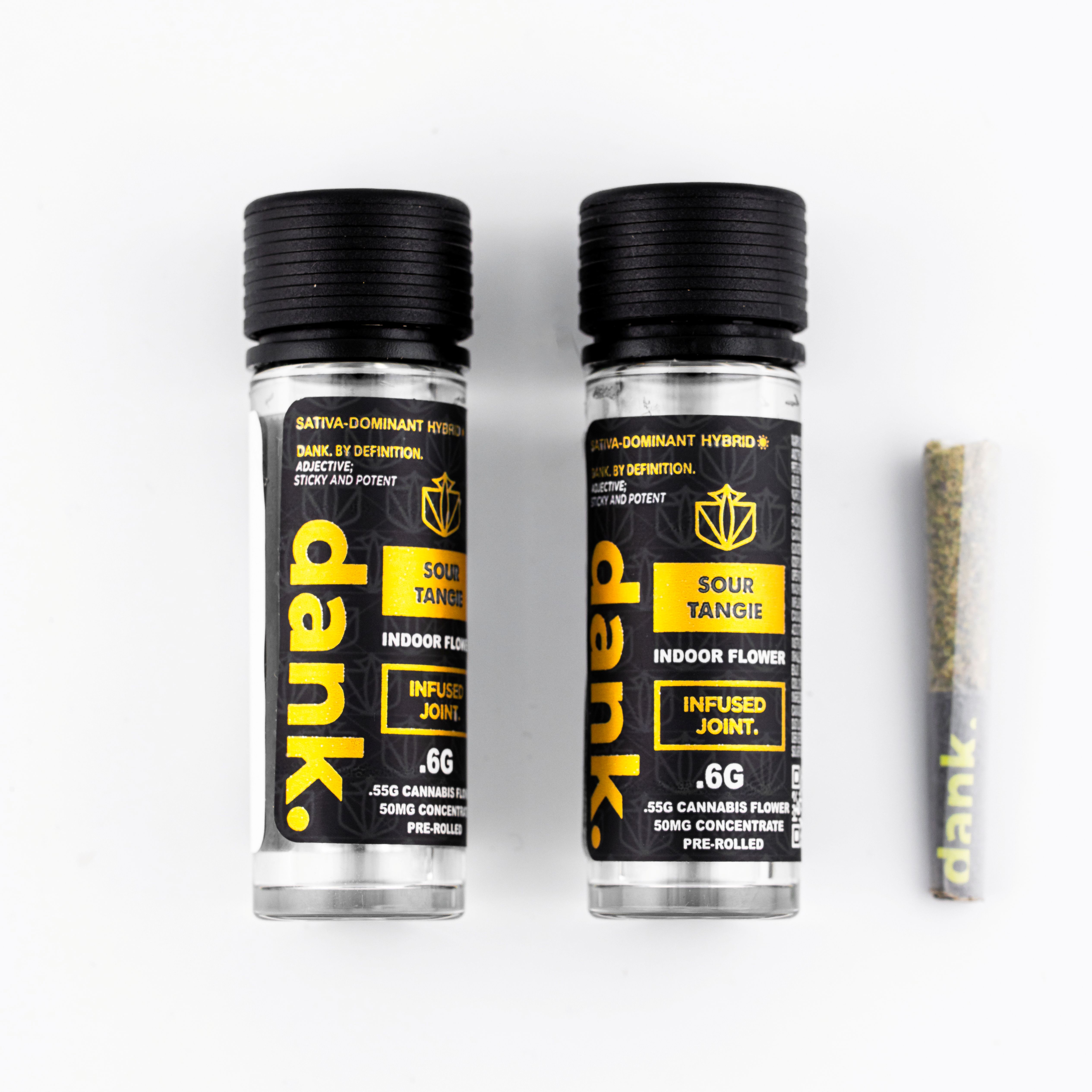 Photograph of product: Dank | Infused Preroll | Sour Tangie | .6g | Oui'd-Hybrid | 39.36% TH-oui