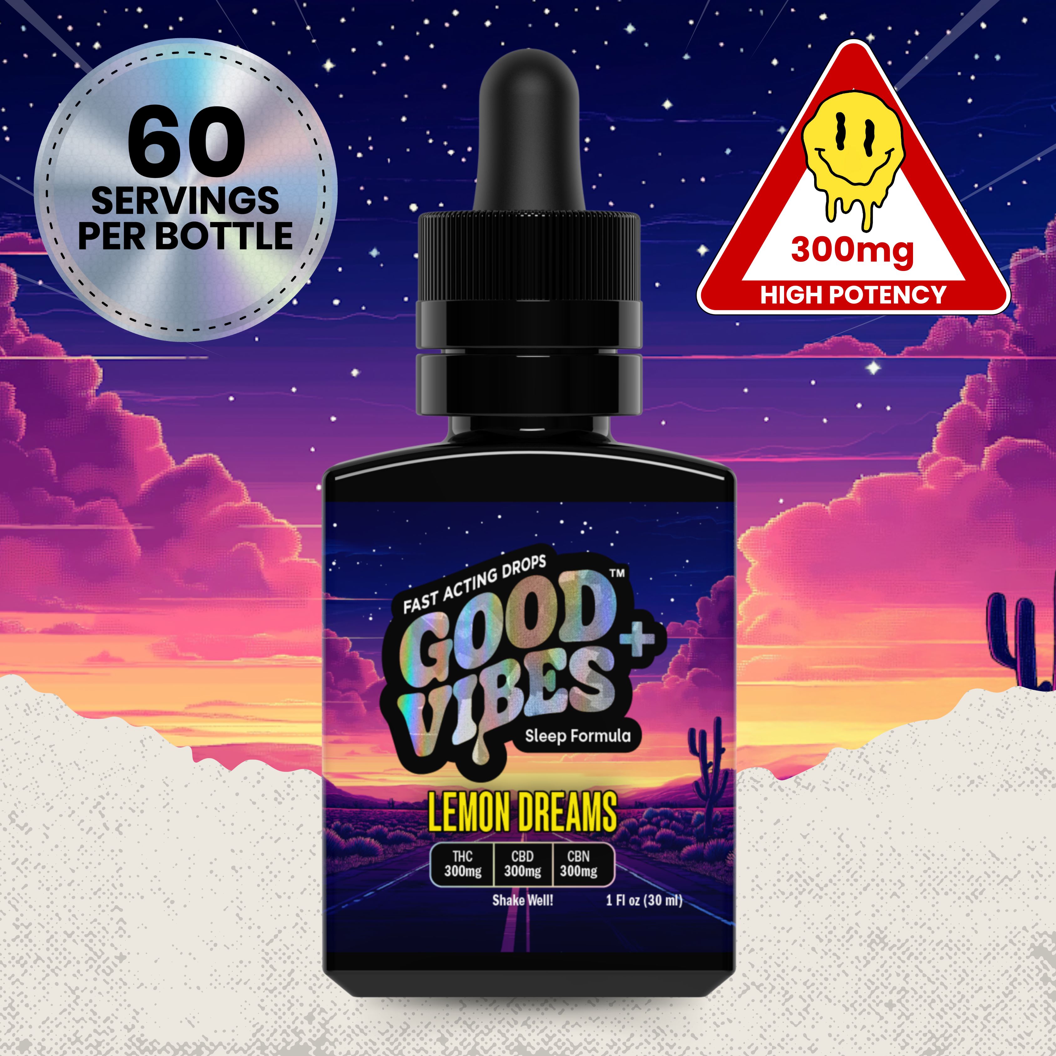 Photograph of product: Good Vibes+ SLEEP Lemon Dreams 300mgs TH-oui: 300mgs CBD: 300mgs CBN