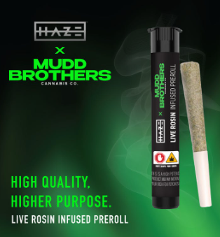Photograph of product: Haze x Mudd Brothers | Pre-Roll | Live Rosin Infused | Heavy OG x Zero Gravity-1g