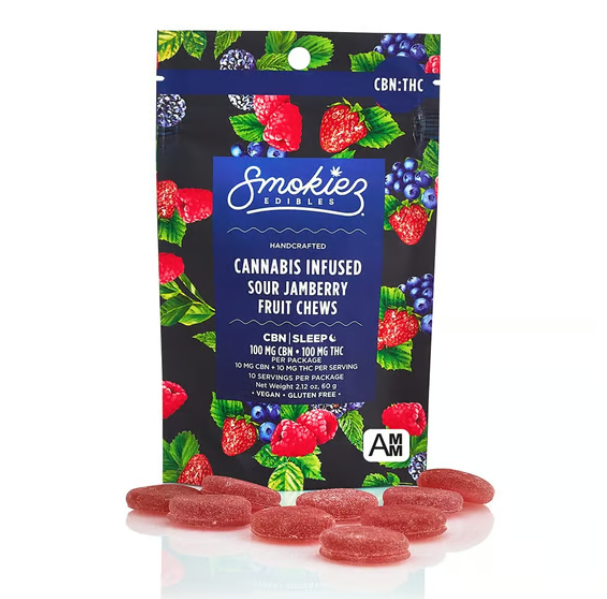 Photograph of product: Smokiez Edibles | Sour Jamberry | TH-oui:CBN Fruit Chews | 10pk