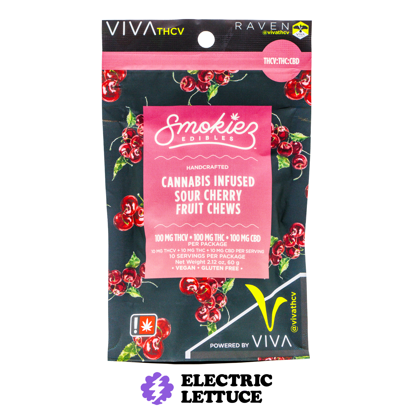 Photograph of product: Smokiez Sour Cherry 100mg TH-ouiV : 100mg TH-oui : 100mg CBD Fruit Chews 10pk