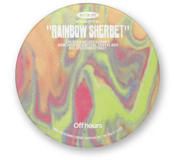 Photograph of product: Off Hours | Rainbow Sherbert | Live Rosin Infused Gummies | 100mg