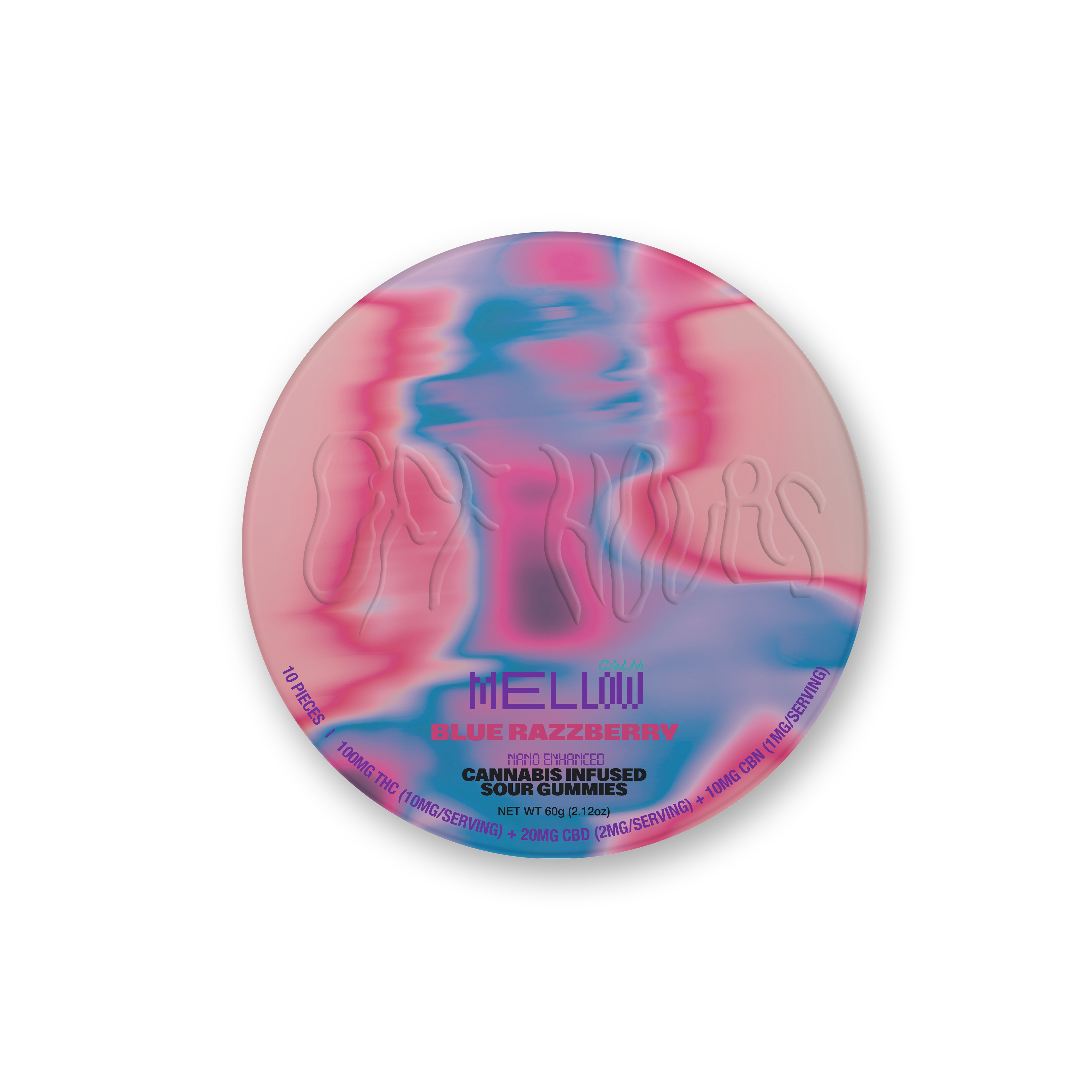 Photograph of product: Off Hours Mellow (Calm) Sour Blue Raspberry Gummies 100mg (10mg TH-oui, 2mg CBD each) 10pk