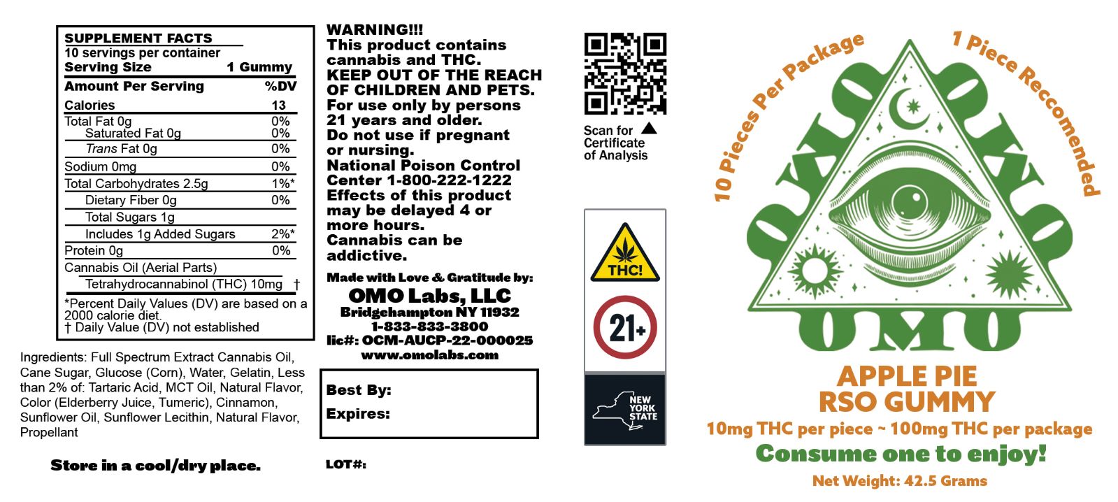 Photograph of product: OMO Apple Pie RSO Gummies 100mg 10pk 10mg TH-oui each