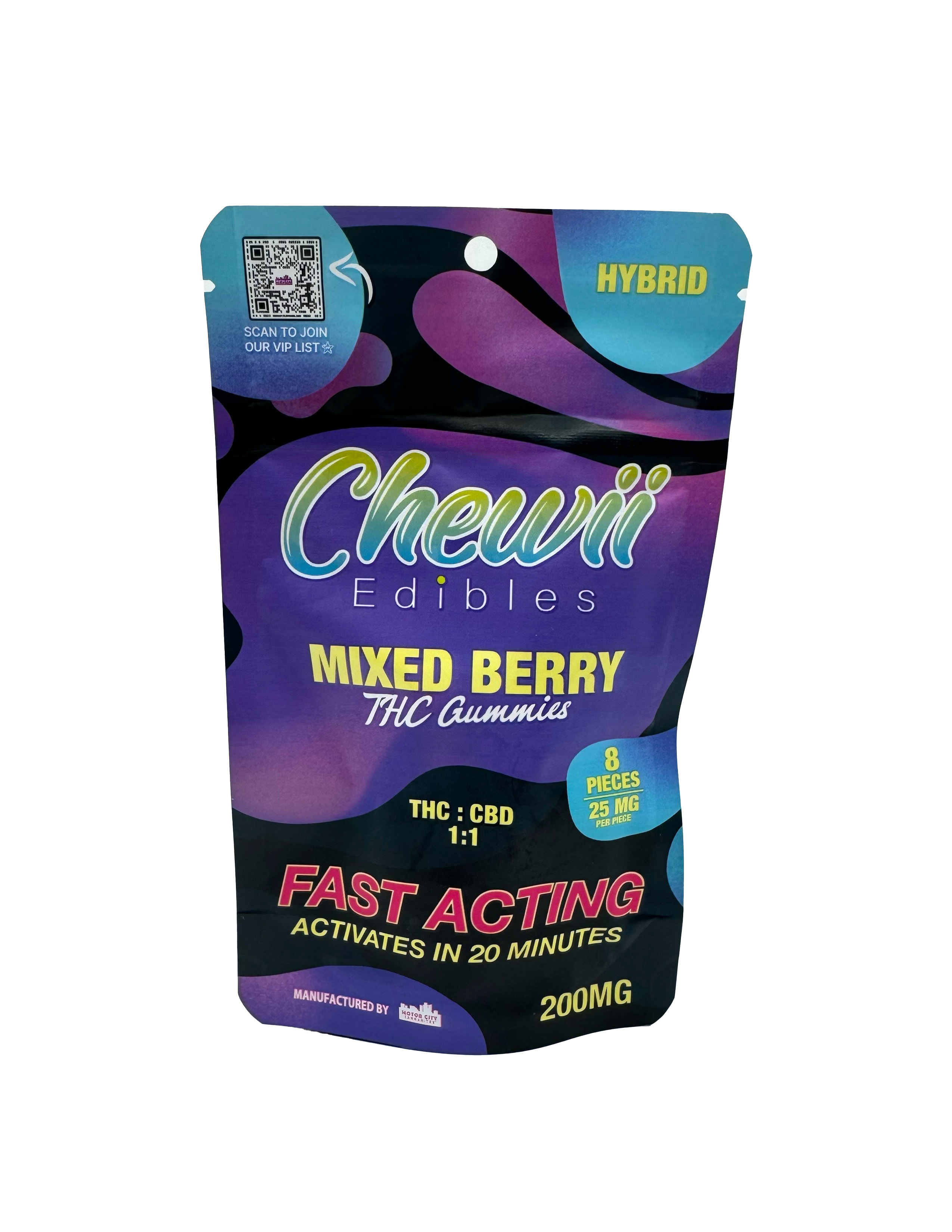 Photograph of Product: Chewii Fast-Acting Mixed Berry 1:1 THC/CBD Gummies 200mg Rec