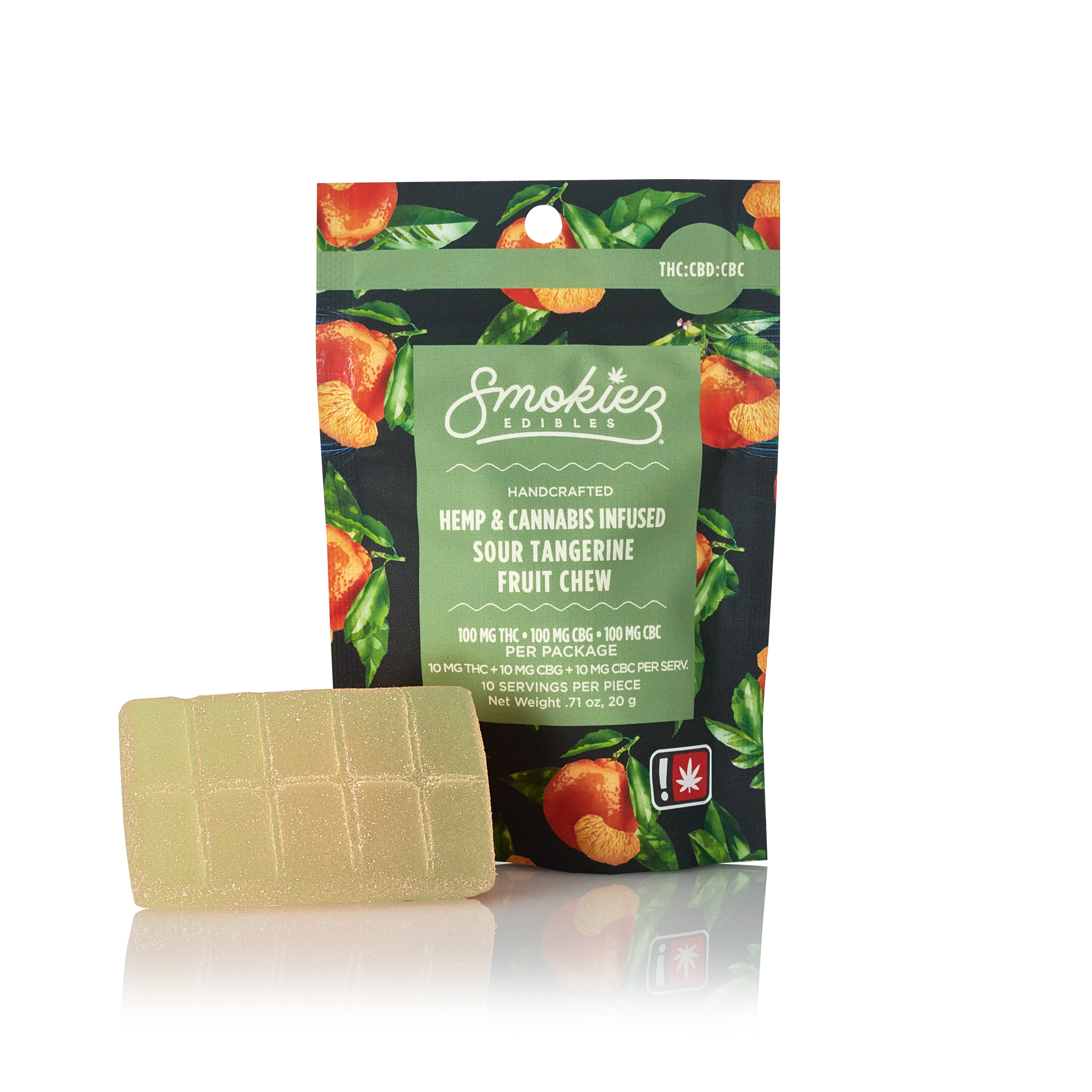 Photograph of product: CBC:CBG:TH-oui 1:1:1 Sour Tangerine  Scored-Single Piece 100mg CBC:100mg CBG: 100mg TH-oui Fruit Chew