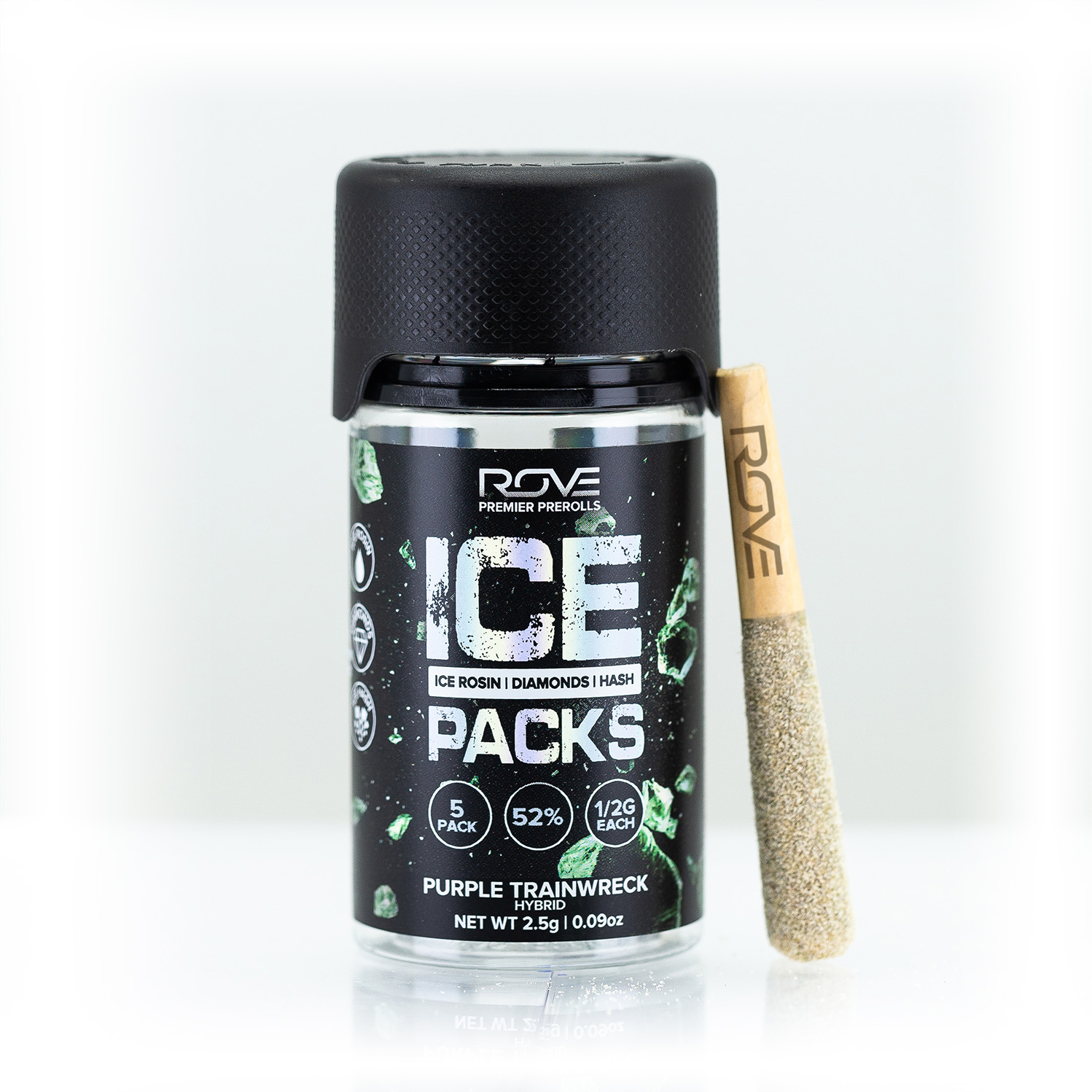 Photograph of product: 5 PACK - Purple Trainwreck Rosin, au chocolat, and Diamonds 0.5g Infused Ice Pack Prerolls (2.5g)