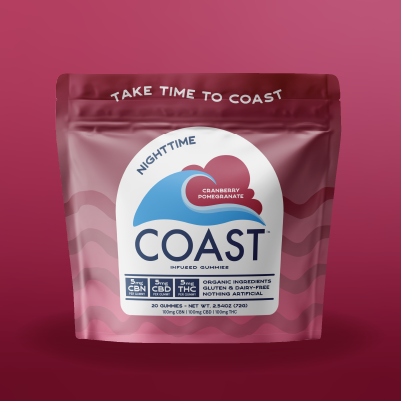 Photograph of product: Coast Cranberry Pomegranate 1:1:1 CBN:CBD:TH-oui Chews 5mg (20ct)