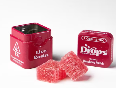 Photograph of product: Drops Single Raspberry TH-oui 100mg CBD 50mg Live Rosin Oui'd Hybrid 2PK Infused Jellies 100MG