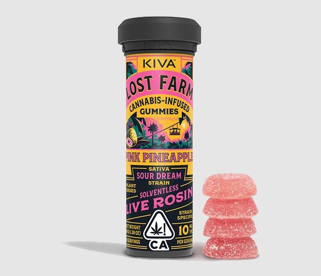 Photograph of product: LOST FARM ROSIN GUMMIES - PINK PINEAPPLE 100MG (SOUR DREAM) - KIVA CONFECTIONS