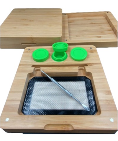 Photograph of product: Bamboo Rolling Tray Box Set 7" x 7.5" Magnetic Seal