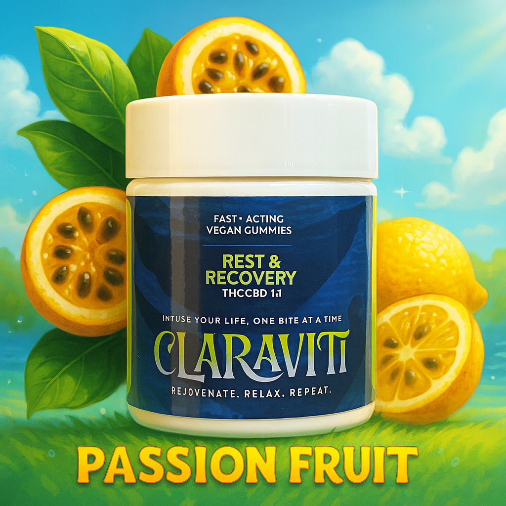 Photograph of product: Rest & Recovery | Passion Fruit | 1:1 TH-oui : CBD | Live Rosin | Fast-Acting | 10pk/20serv