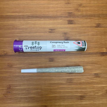 Photograph of product: Conspiracy Kush | Treetop Crops | Pre-Roll | Premium Flower