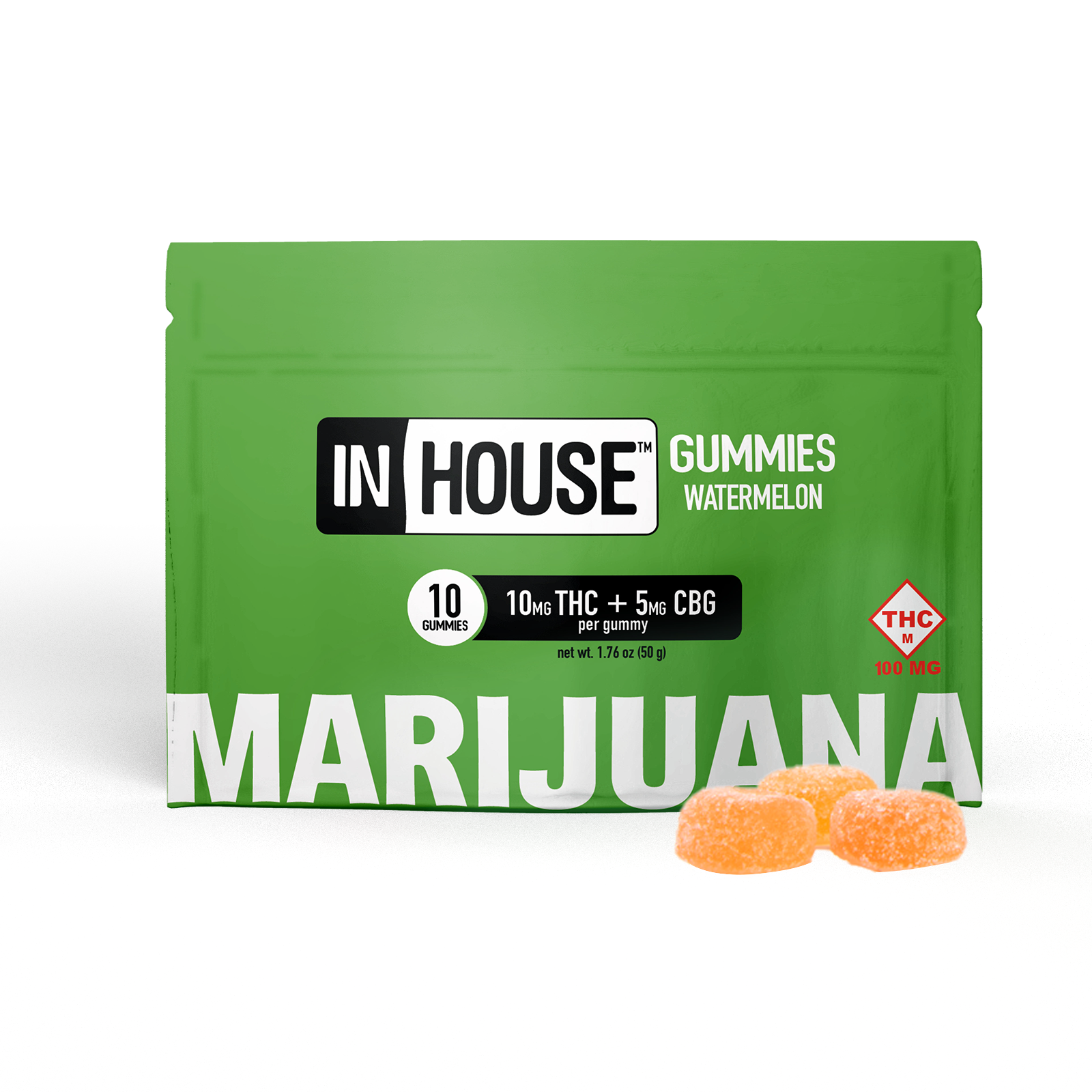 Photograph of product: INHOUSE - GUMMIES - 100MG TH-oui / 50MG CBG - 10PK - 2:1 WATERMELON